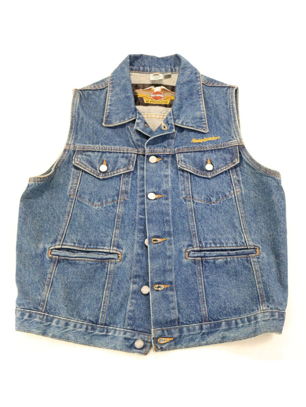 vintage harley davidson vest M blue denim cotton button up bar USA pockets euc